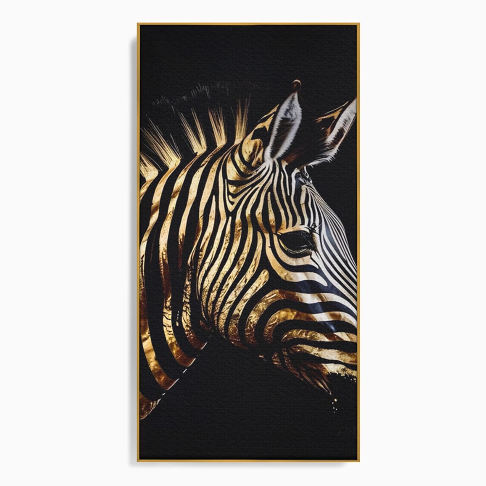 Tablou canvas cu tablou canvas cu cap de zebra aurie, in rama de aluminiu auriu